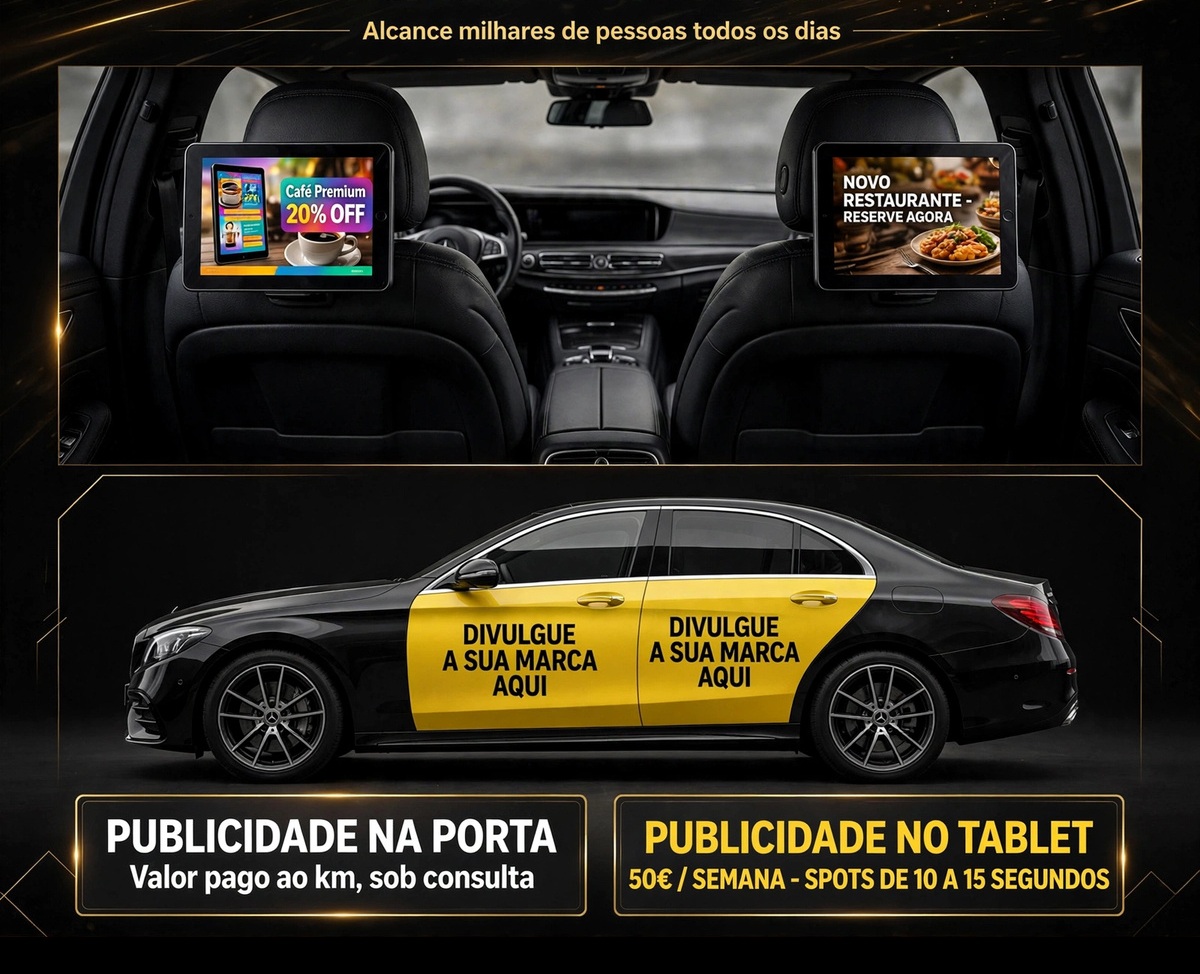 Poster publicitário CarPubTVDE: sedan preto de luxo com vinil amarelo na porta a dizer 'A SUA MARCA AQUI', ecrãs nos encostos de cabeça com anúncios, e preços dos formatos — publicidade na porta por km e publicidade no tablet a 50€ por semana.